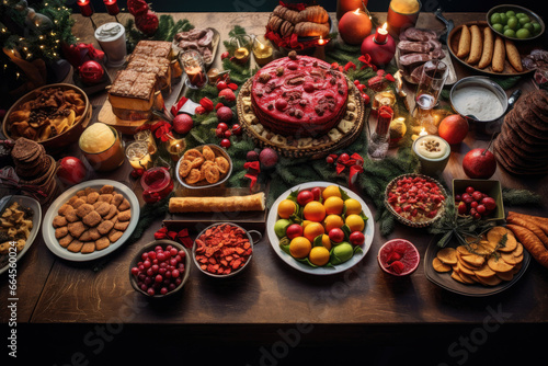 Thanksgiving Food and Dessert for party invitation, Christmas party celebration with dinner meal on table, Happy new year and Xmas scene, wooden table full of food and treats.