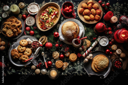 Thanksgiving Food and Dessert for party invitation, Christmas party celebration with dinner meal on table, Happy new year and Xmas scene, wooden table full of food and treats. © TANATPON