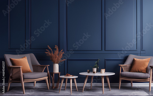 Modern cozy living room with two chair and little table, deep blue wall background, interior design. © Anna