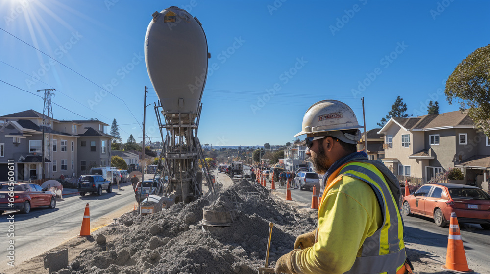 custom made wallpaper toronto digitalA wide-angle view of a construction worker pouring concrete for a foundation, with cement mixer trucks in the background