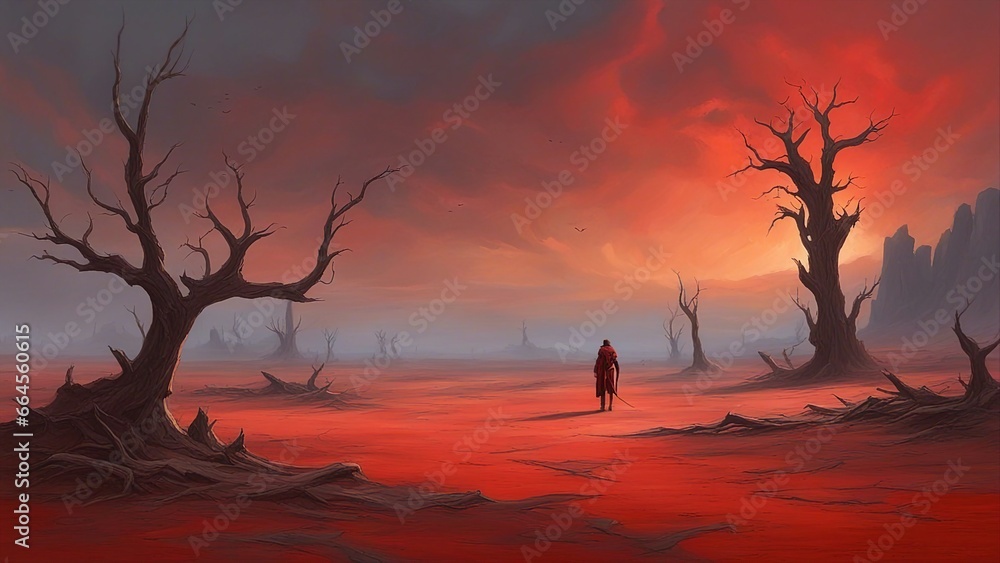sunset in an evil future   A barren and desolate landscape with cracked earth, dead trees, and toxic waste. The sky is red and orange