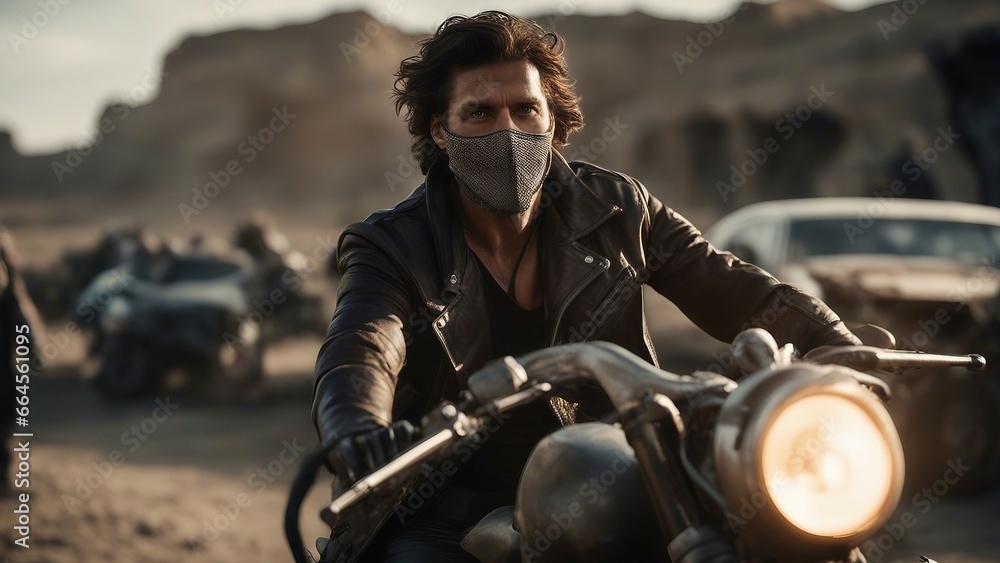 person on a motorcycle in an evil post-apocalypse future,   A rebellious and heroic   fighter wearing a mask, with a leather jacket 