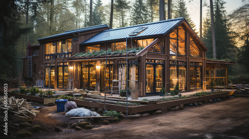 A serene image of a wooden house under construction in a tranquil forest setting, demonstrating harmony with nature in construction