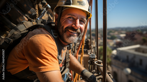 A construction worker confidently navigating an unfinished steel structure high above the ground, displaying courage and skill