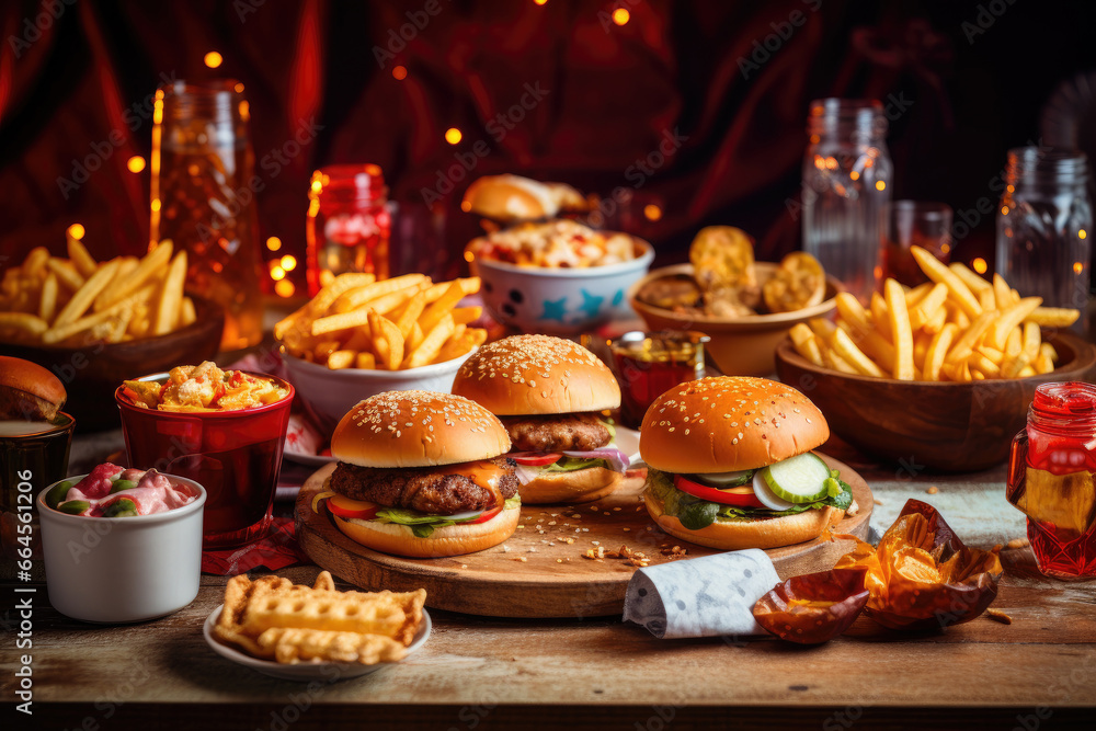 Fototapeta premium Delivery fast food or junk food for Dinner party, table full of delicious meal including french fries, fried chicken, burgers, and drinks, unhealthy food concept.