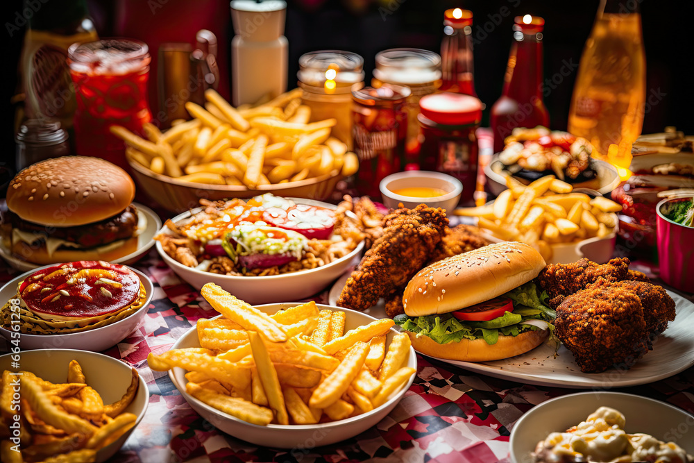 Fototapeta premium Delivery fast food or junk food for Dinner party, table full of delicious meal including french fries, fried chicken, burgers, and drinks, unhealthy food concept.