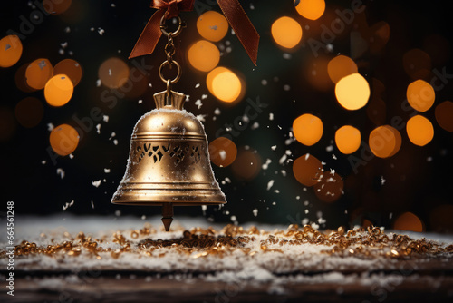 A close-up of a gold bell with a ribbon hanging against a dark, blurred, holiday glow background with bokeh lights and snow, at night.