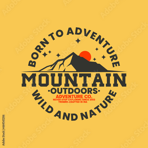 vintage retro classic vector of sunrise sunset island mountain hills peaks rocky ice top landscape nature view with sun stars and circle rounded text suitable for outdoor travel adventure logo design