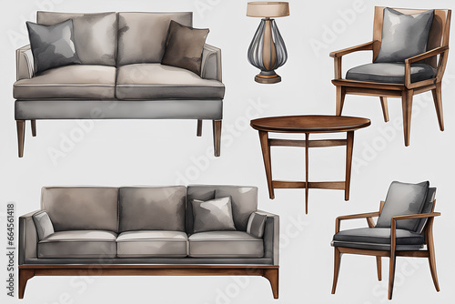 Set of five modern furniture for living room isolated on white background, gray and brown, minimalism, watercolor illustration.
