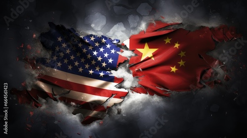 Tension in Symbols - The Flags of USA and China on a Cracked Background, Signifying the Diplomatic Crisis Between Washington and Beijing photo
