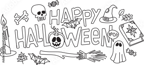 Doodle lettering happy Halloween. Coloring board for kids. Doodle for kids.Vector illustrations isolated on a white background. © Aurore