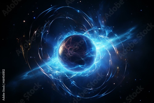 A mesmerizing energy sphere encircling a planet and a star with a striking blue glow in a cosmic and futuristic setting against a black background. Generative AI