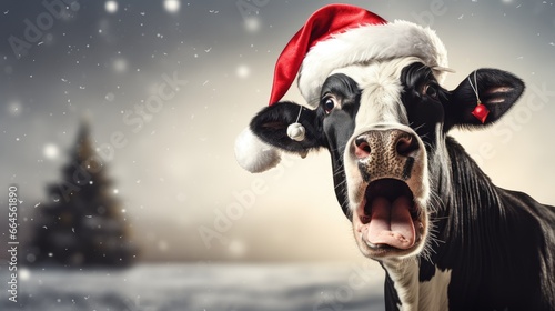 Udderly Joyful Holidays - A Black and White Cow Wearing a Santa Hat, Adding Some Humorous Christmas Cheer photo