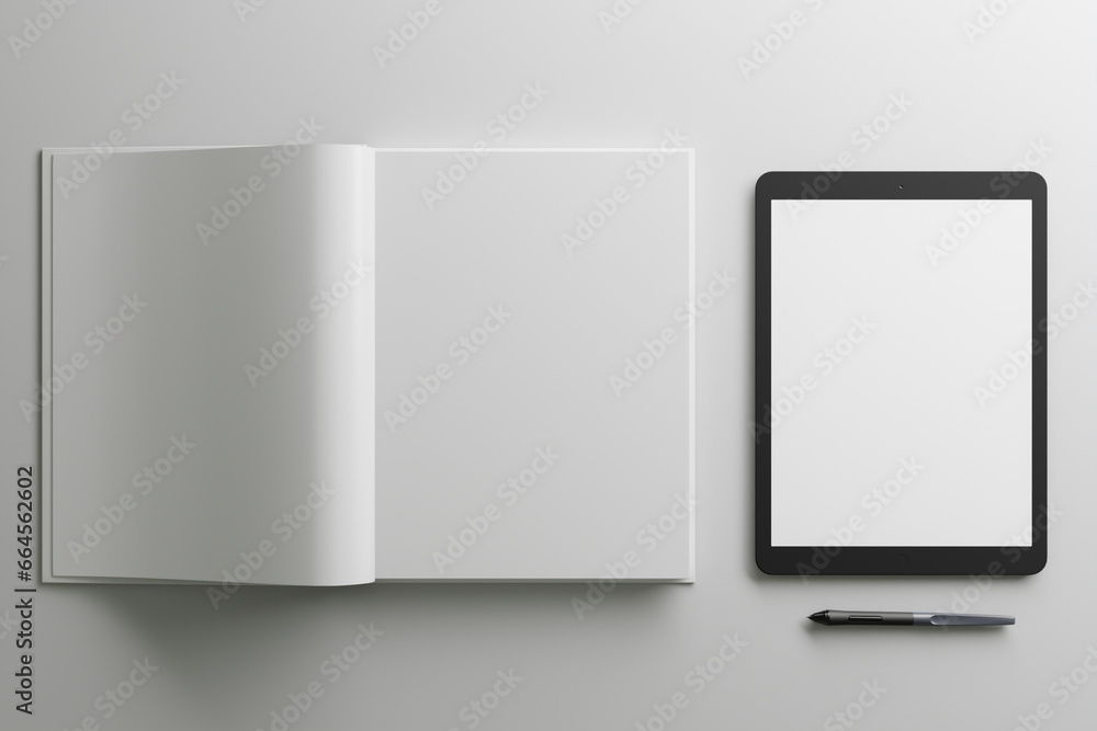 A Book with Smart Tablet and pan on Table. Gray Render Image For Mockup.