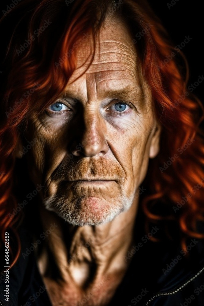 Close up dark portrait of red-haired old man with long hair