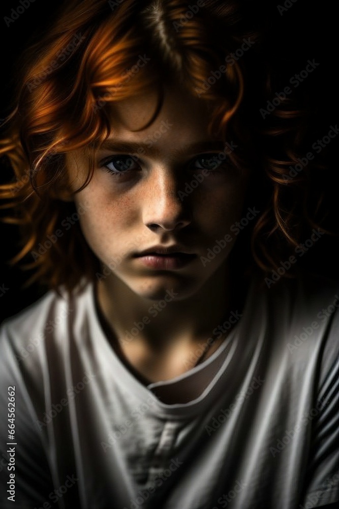 Close-up dark portrait of a red-haired teenage boy