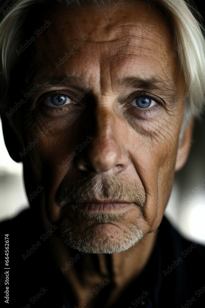 Close-up dark portrait of an experienced man with gray hair Close-up dark portrait of an experienced man with gray hair