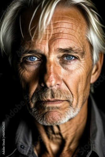 Close-up dark portrait of an old blond man