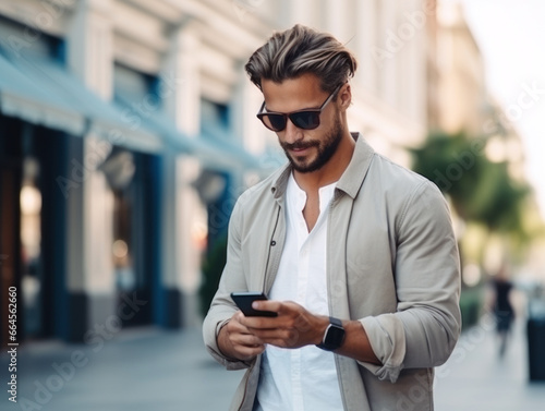 Attractive young man in sunglasses using mobile phone while walking on the street © Anna