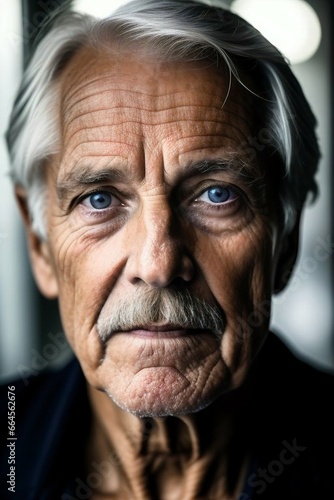 Close up dark portrait of an old man with gray hair and mustache