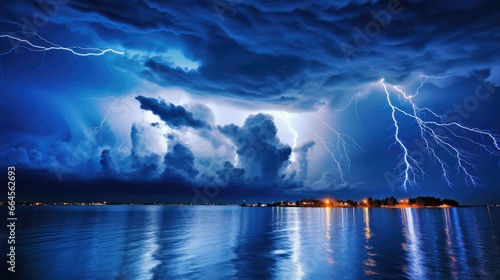 Stormy Skies - Lightning Strikes Across the Blue Sky, Capturing the Intense Power and Energy of Nature's Electric Storm.