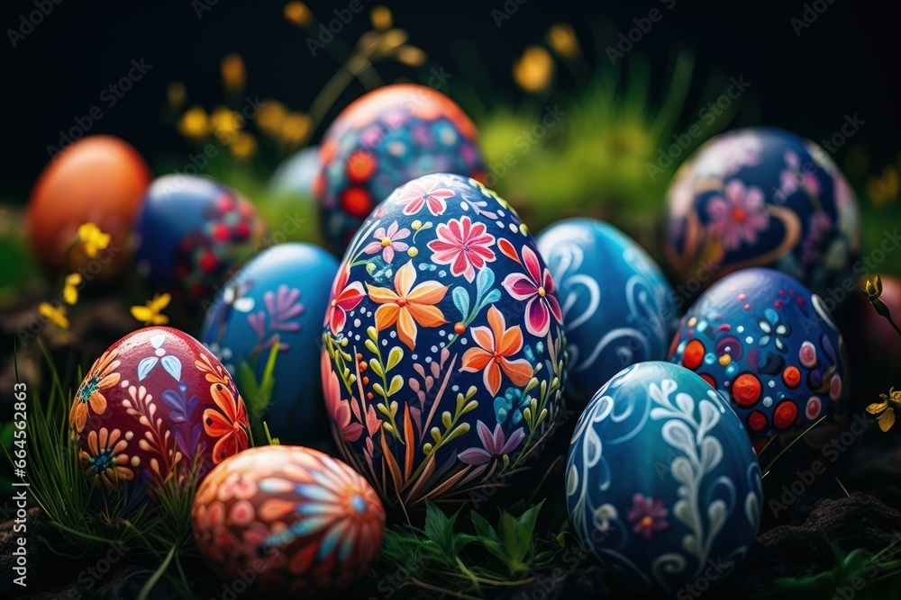 Vibrant and Colorful Easter Eggs with Floral Patterns on Grassy Surface