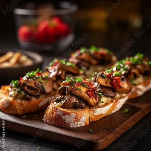 Bruschetta with mushrooms and thyme on a wooden board
