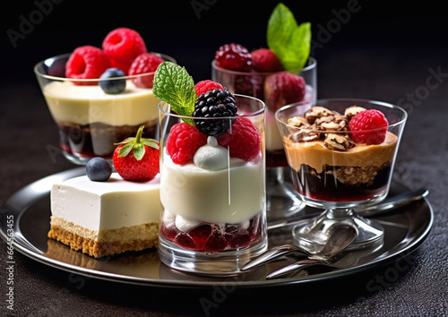 Selection of different desserts and pastries with cakes and whipped cream and chocolate dessert on metal tray.Macro.AI Generative