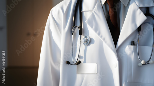 Detail of physician's white coat showcasing blank name badge mockup photo