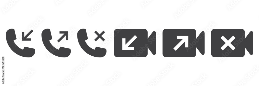 Simple set of Black Call and video call icons in Flat style. Telephone  icons with symbol of caller, missed, outgoing and incoming. Set of signs for support. Vector illustration.