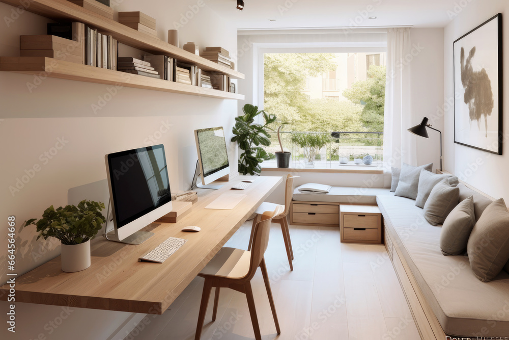 Modern home office in the living room, Convenient, comfortable, nice place to work, Remote work from home, Minimal interior decor design background. Modern home office in the living room, Convenient, comfortable, nice place to work, Remote work from home, Minimal interior decor design background.