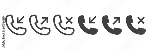 Simple Call icon set in flat style. Telephone call icons with symbol of caller, missed, outgoing and incoming. Set of signs for support. Interface buttons for mobile connection. Vector illustration.