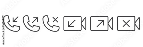 Simple set of Call and video call icons in linear style. Telephone  icons with symbol of caller, missed, outgoing and incoming. Set of signs for support. Vector illustration.