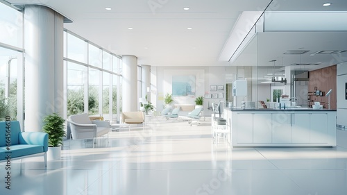 a contemporary hospital  highlighting the minimalist design  clean lines  and soothing colors that contribute to a calm and healing environment.