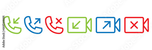 Icon set of Call and video call. Phone calling icons accept and decline. Incoming call icons. Telephone  icons with symbol of caller, missed, outgoing and incoming. Set of signs for support. Vector