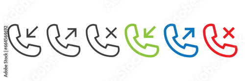 Call phone flat icon set. Telephone call icons with symbol of caller, missed, outgoing and incoming. Set of signs for support. Interface buttons for mobile connection. Vector illustration.