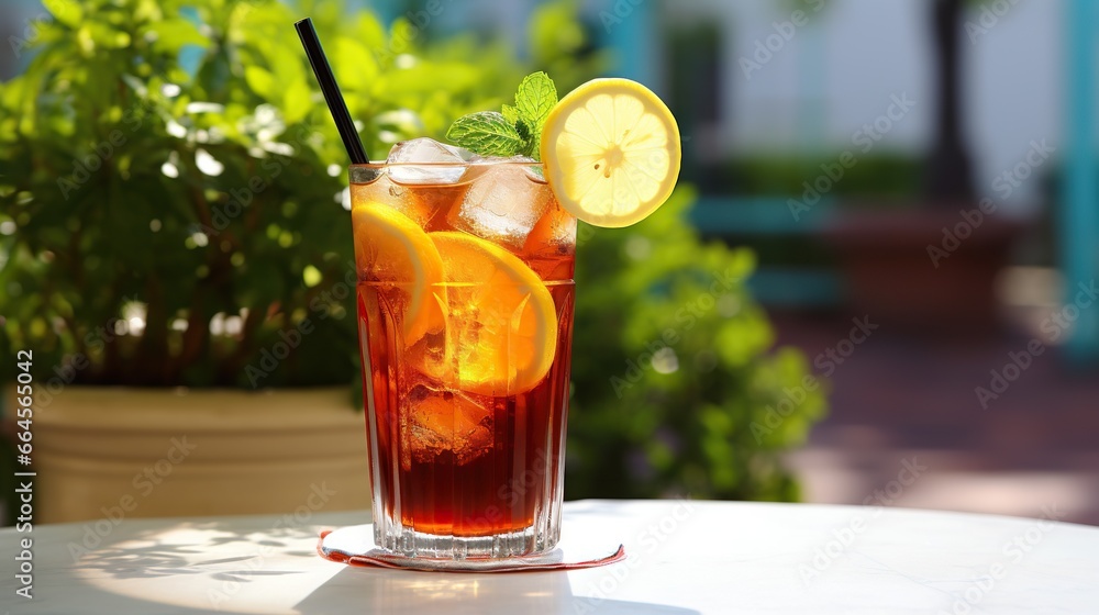 a glass of iced tea with lemon and mint on a table. generative ai a glass of iced tea with lemon and mint on a table. generative ai