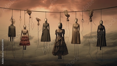 mannequins women puppets holded by wires on dramatic sky background