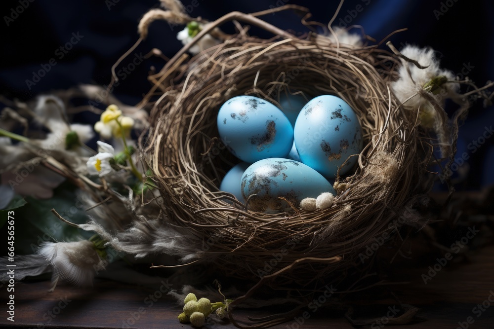 Tranquil Easter Bird's Nest with Blue Eggs on Wooden Table Tranquil Easter Bird's Nest with Blue Eggs on Wooden Table