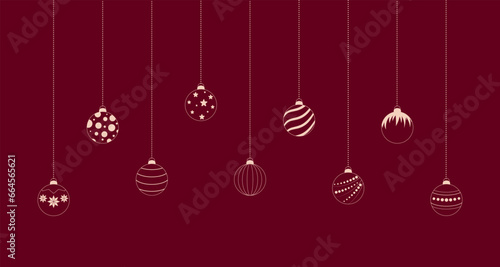 Christmas red background with balls. Christmas decoration for greeting card, poster, banner, advertising. Vector illustration. 