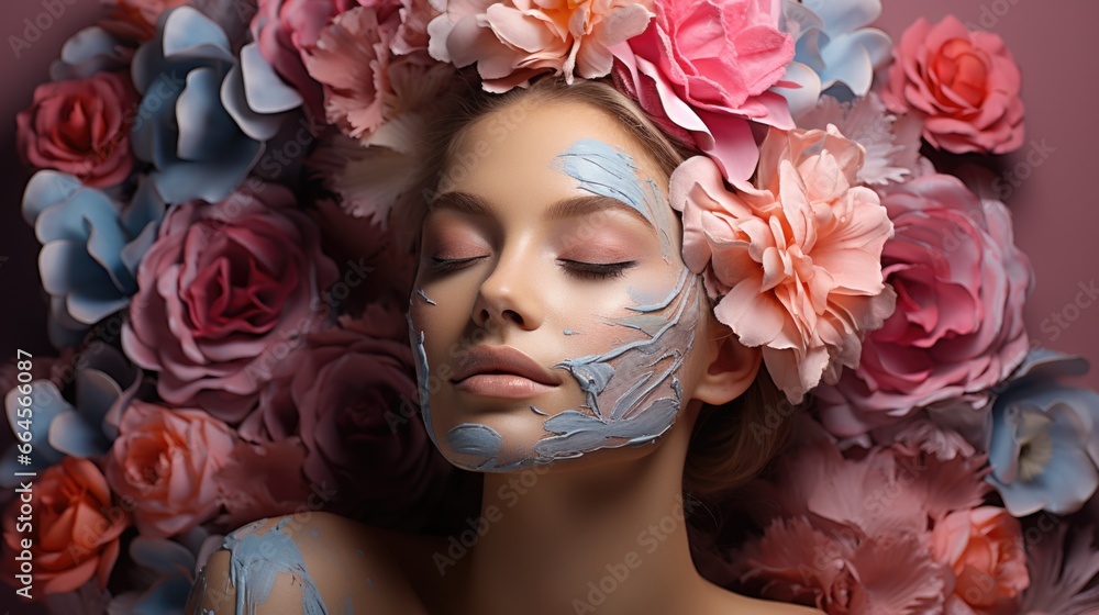Abstract photo design artwork collage of young pretty charming lady blooming flowers natural face mask spa salon