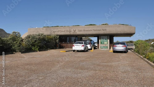 Cape Town, South Africa - September 20, 2023: Cars driving into entrance to Cape Point Nature Reserve