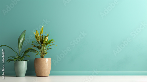 Abstract Minimalist soft green teal wall background, sunlight streams through the windows and potted plants. Create a harmonious atmosphere that invites relaxation, with copy space.