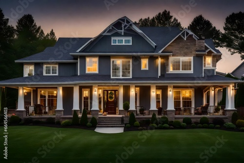 Beautiful New Home Exterior at Night: Home with Green Grass and Covered Porch © Amazing-World