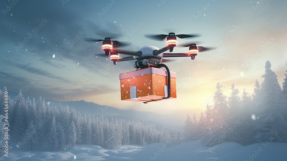 a drone in action, gently lowering a paper bag with food to a client in a snowy yard, showcasing the convenience of modern technology. a drone in action, gently lowering a paper bag with food to a client in a snowy yard, showcasing the convenience of modern technology.