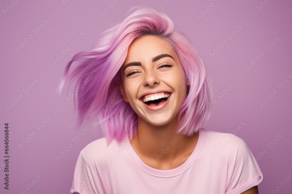 Young woman with purple hair smile face