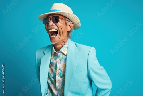 Mature man wearing colorful suit smile happy face