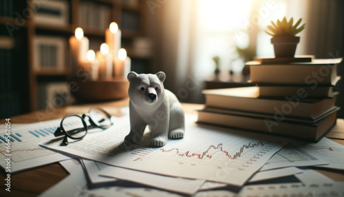 Photo capturing a bear figurine, symbolizing market pessimism, set on a desk adjacent to piles of financial documents. photo