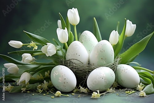 Serene Easter Nest with Speckled Eggs and White Tulips