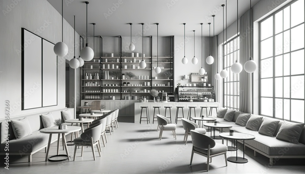 Coffee shop interior reflecting minimalist design principles. The room ...